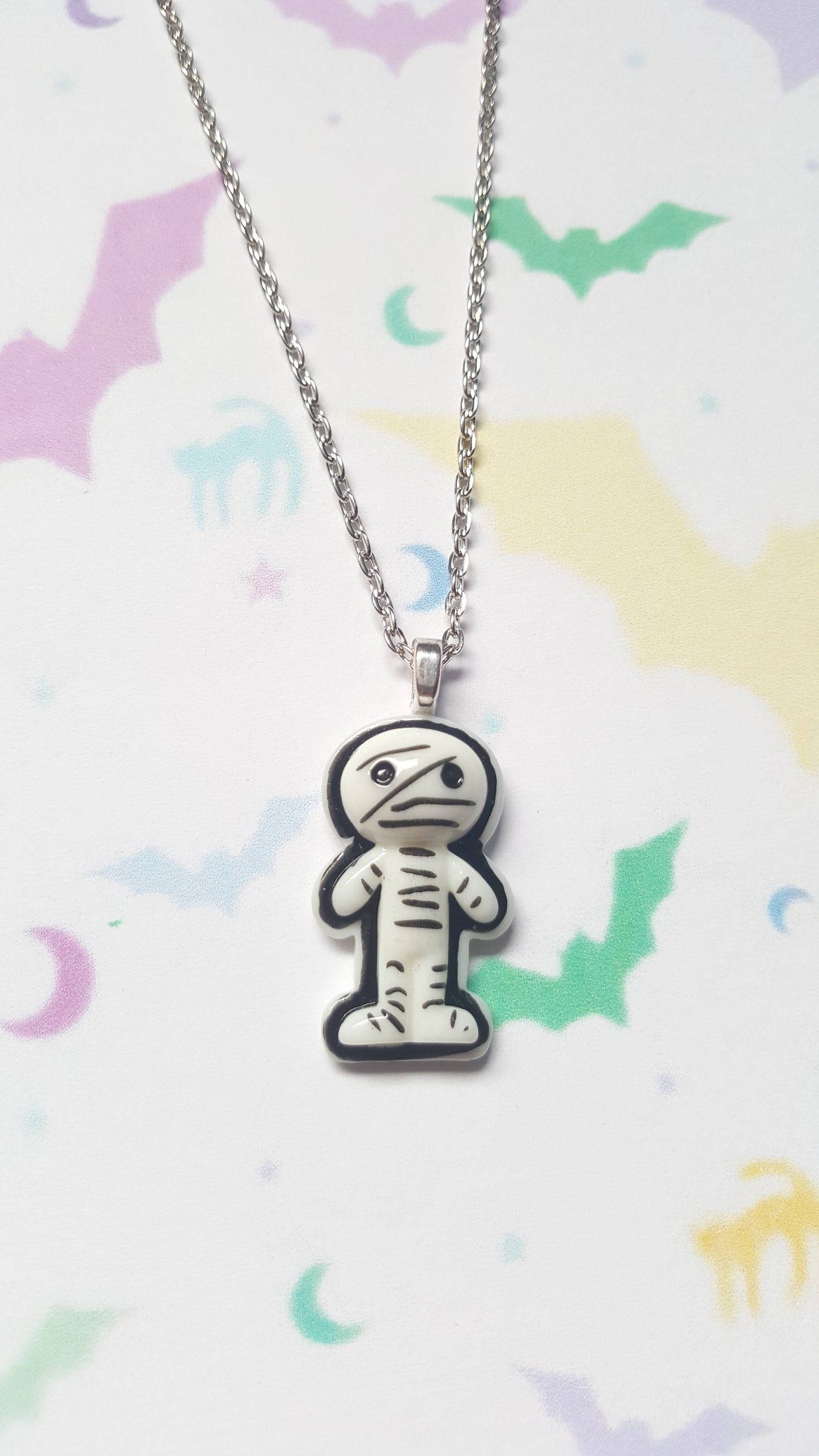Mummy Necklace | Resin Pendant Jewellery | Silver Plated Chain | Cute Halloween Accessory | Handmade Gift