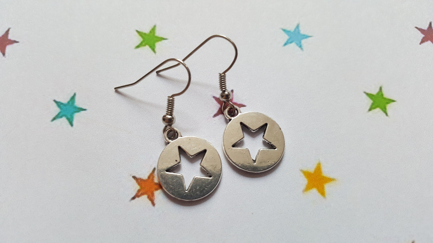 Star Cut-Out Coin Earrings | Tibetan Silver Plated Dangle Earrings, Boho Celestial Jewelry, Handmade Gift for Women