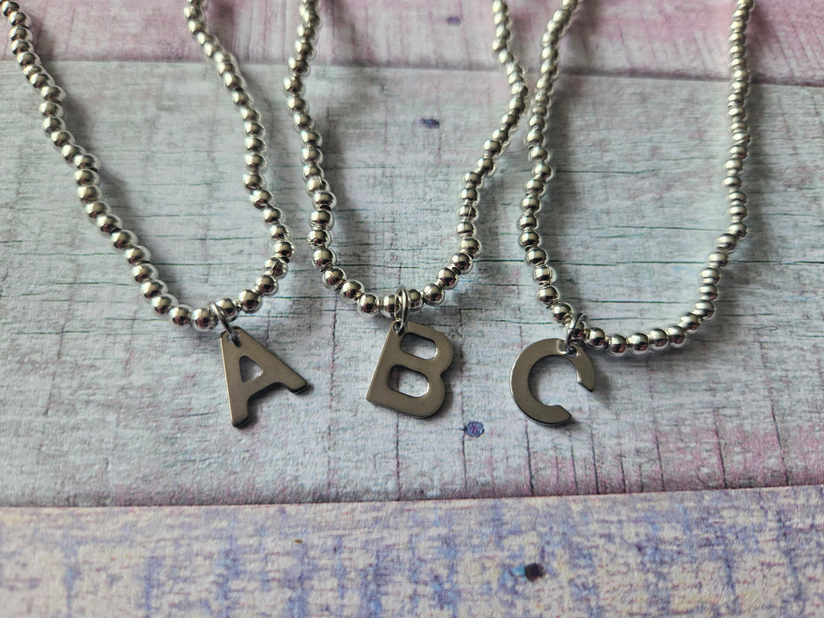 Initial Charm Bracelet | Beaded Alphabet Letter Bracelet | Stainless Steel Initial Jewellery | Stretch Bracelet | Personalised Gift | A-Z