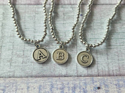 Initial Disc Bracelet | Beaded Alphabet Charm Bracelet | Silver Plated Initial Jewellery | Personalised Stretch Bracelet | Letter A-Z