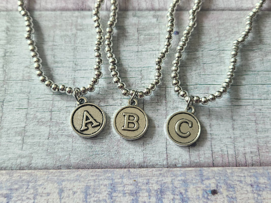 Initial Disc Bracelet | Beaded Alphabet Charm Bracelet | Silver Plated Initial Jewellery | Personalised Stretch Bracelet | Letter A-Z