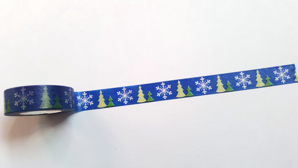 10m roll washi tape - 15mm - christmas trees & snowflakes - blue & silver 