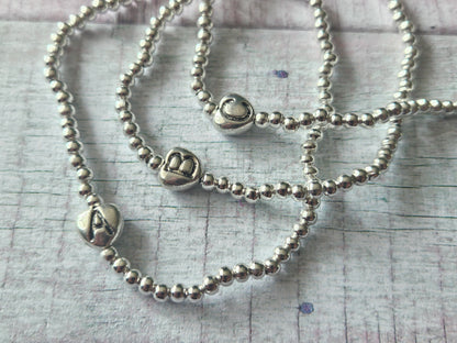 Initial Heart Bracelet | Beaded Alphabet Charm Bracelet | Silver Plated Initial Jewellery | Personalised Stretch Bracelet | Letter A-Z