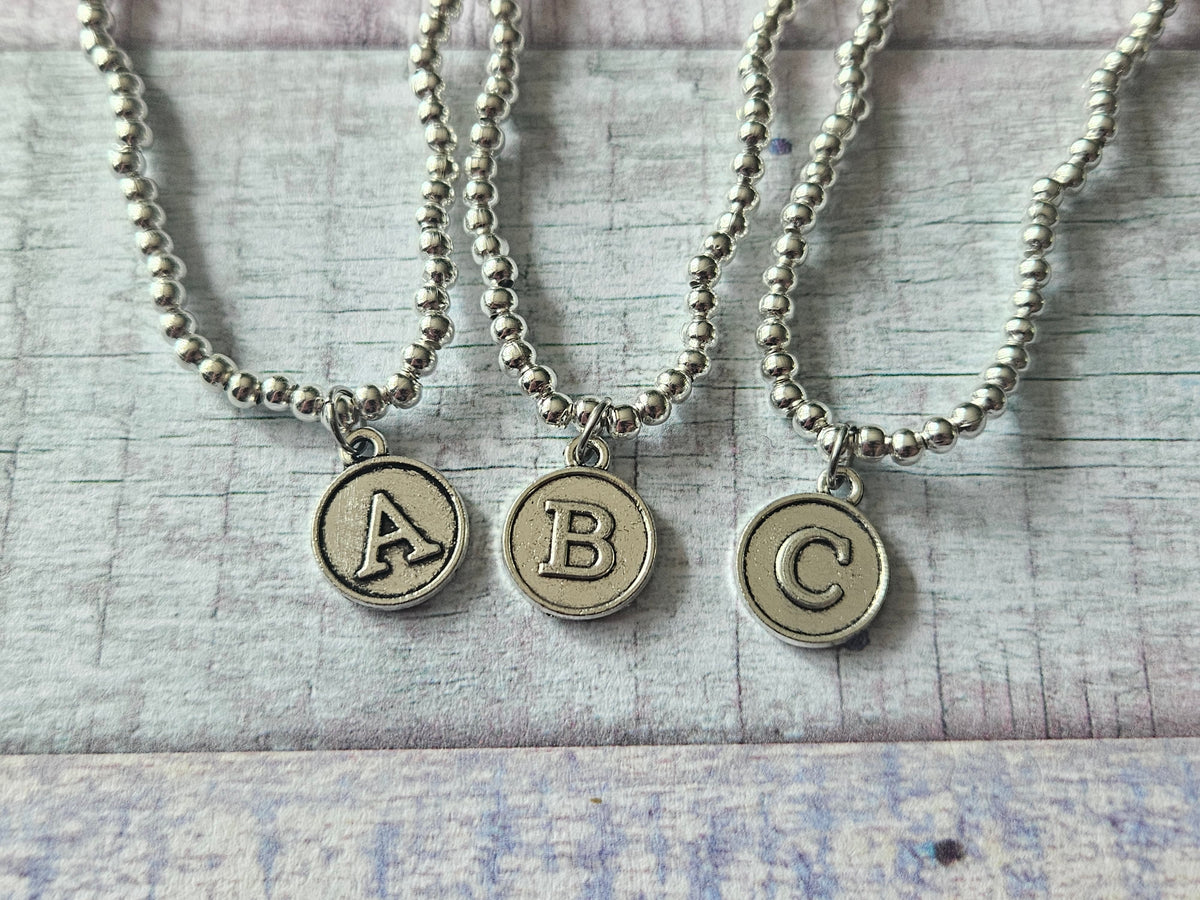 Initial Disc Bracelet | Beaded Alphabet Charm Bracelet | Silver Plated Initial Jewellery | Personalised Stretch Bracelet | Letter A-Z
