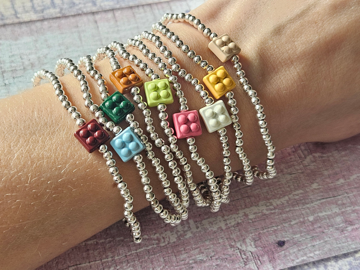 Building Brick Bracelet | Beaded Toy Brick Stretch Bracelet | Colourful Silver Tone Beaded Jewellery | Fun Alternative Gift | Various Colours