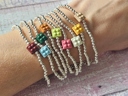 Building Brick Bracelet | Beaded Toy Brick Stretch Bracelet | Colourful Silver Tone Beaded Jewellery | Fun Alternative Gift | Various Colours
