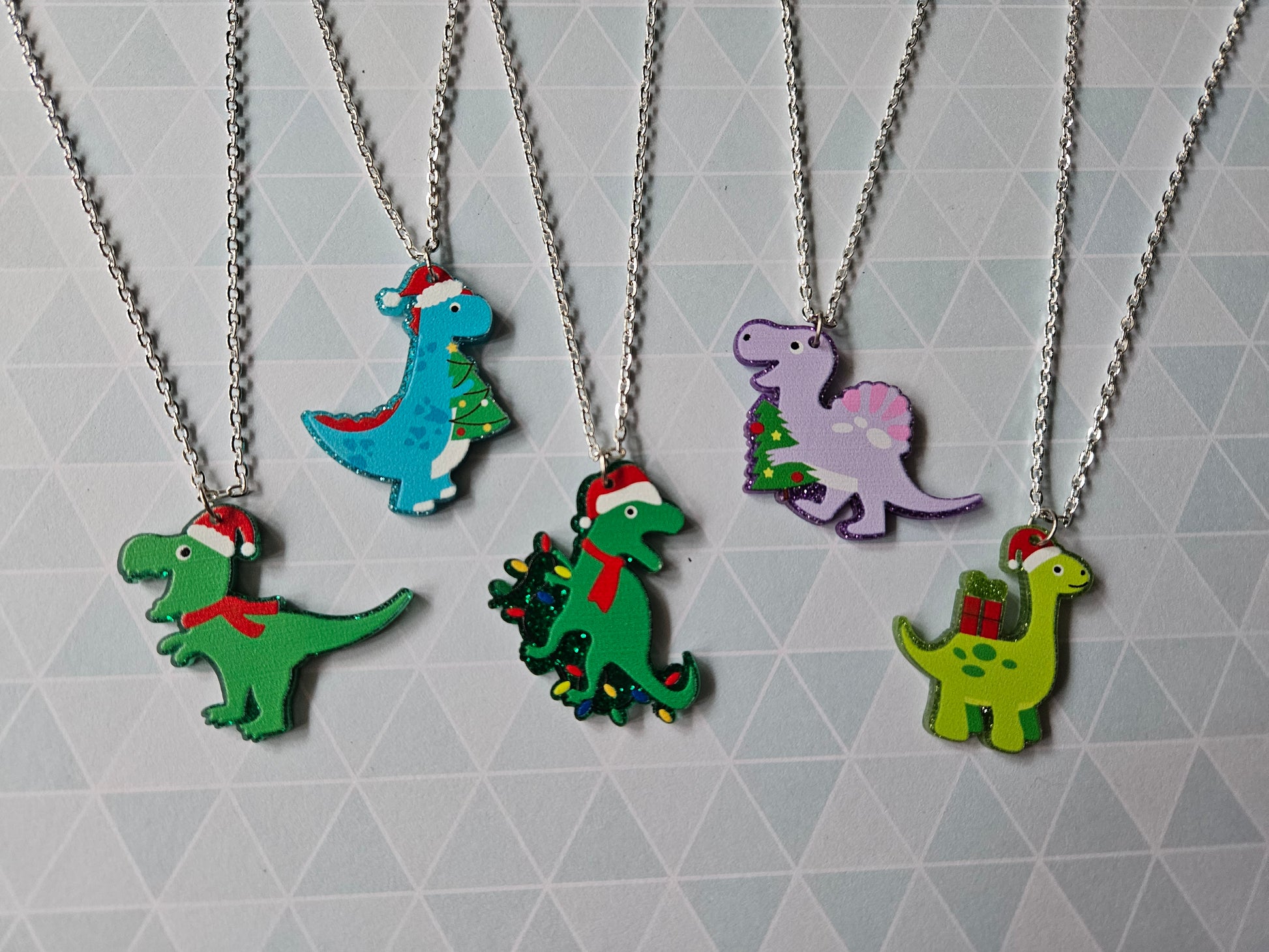 Christmas Dinosaur Necklace | Glitter Acrylic Pendant | Cute Festive Jewellery | Fun Dino Christmas Gift