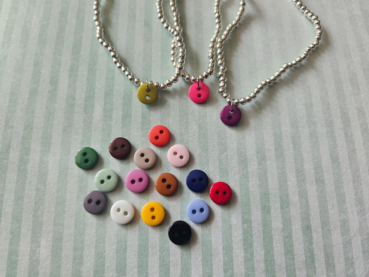 Mini Button Bracelet | Beaded Resin Button Bracelet | Colourful Silver Tone Stretch Bracelet | Cute Alternative Jewellery | Various Colours