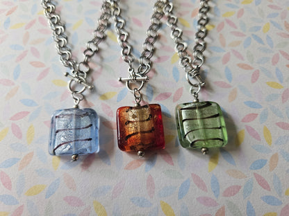 Chainmaille Necklace | Striped Square Glass Lampwork Bead Necklace | Stainless Steel Chain | Toggle Clasp Jewellery