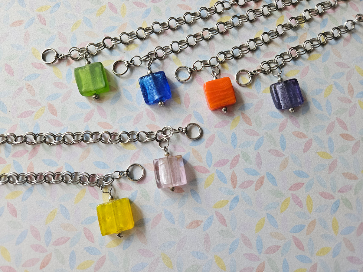 Chainmaille Bracelet | Square Glass Lampwork Bead Bracelet | Stainless Steel Chain Jewellery | Toggle Clasp Bracelet