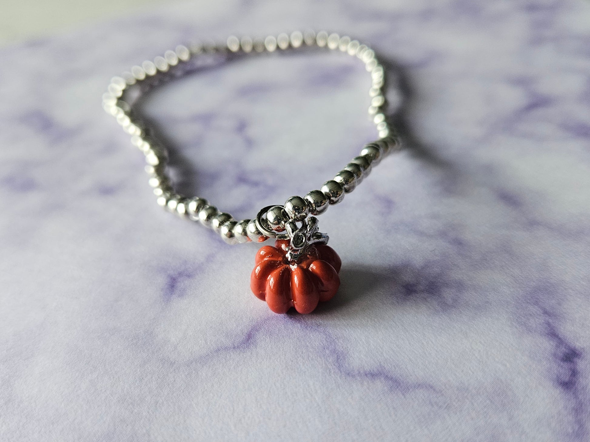 Beaded 3D Pumpkin Bracelet | Silver Tone Beads | Enamel Pumpkin Charm | Elasticated Halloween Jewellery