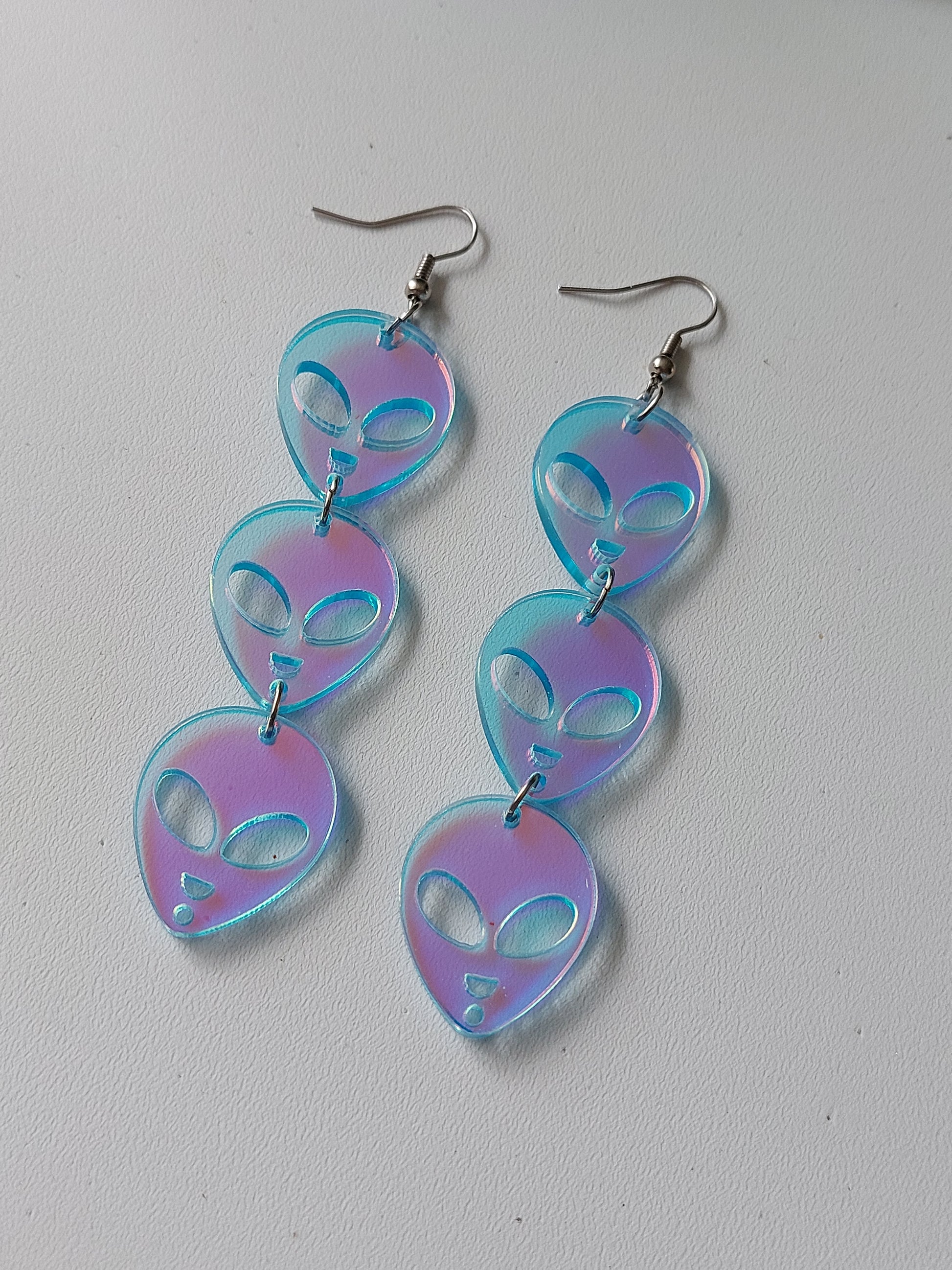 Alien Trio Dangle Earrings | Iridescent Blue AB Acrylic Earrings | Statement Drop Earrings 80mm