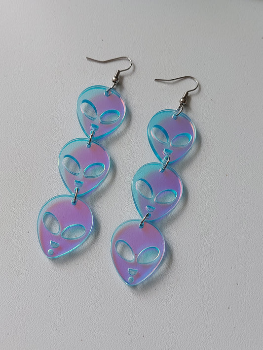 Alien Trio Dangle Earrings | Iridescent Blue AB Acrylic Earrings | Statement Drop Earrings 80mm