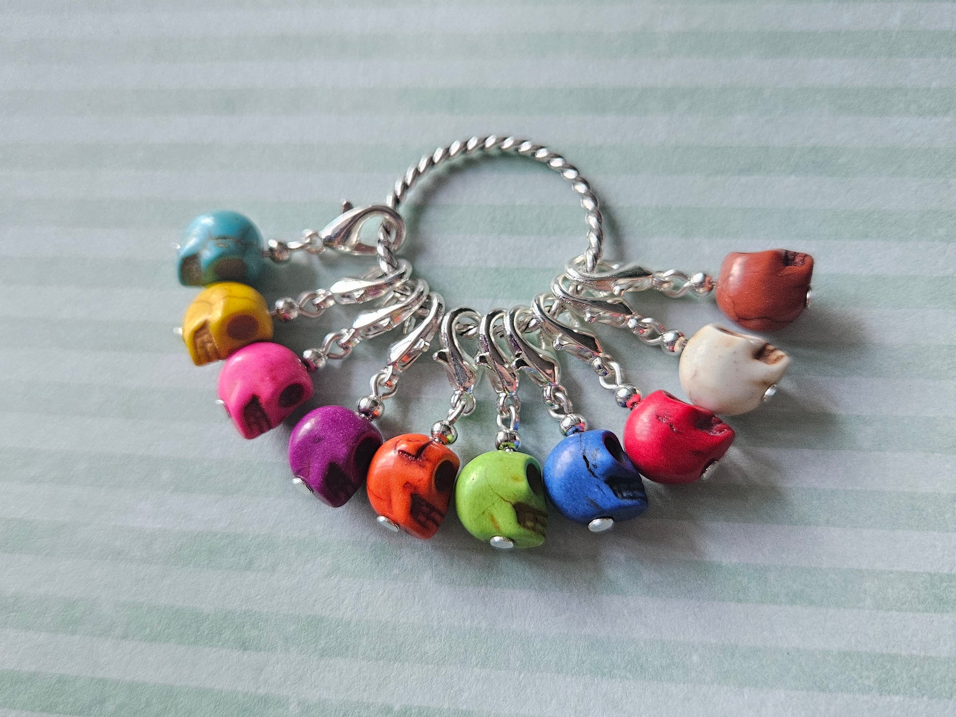 Beaded Turquoise Skull Stitch Markers | Knitting & Crochet Markers | Silver Lobster Clasp 26mm