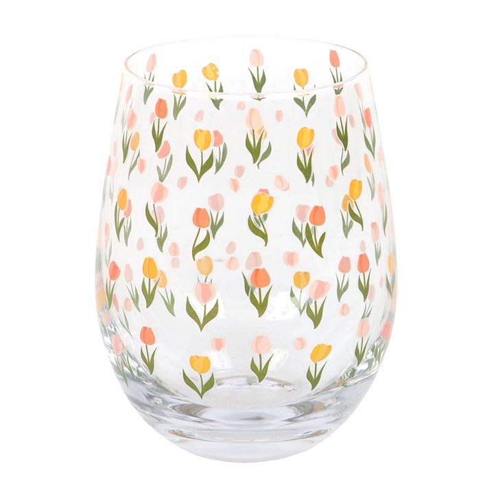 Tulip Stemless Glass | Floral Printed Drinking Glass | 450ml Spring Home Decor | Mother’s Day Gift