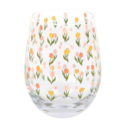 Tulip Stemless Glass | Floral Printed Drinking Glass | 450ml Spring Home Decor | Mother’s Day Gift