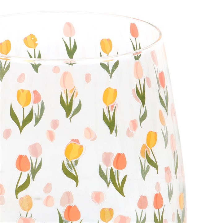 Tulip Stemless Glass | Floral Printed Drinking Glass | 450ml Spring Home Decor | Mother’s Day Gift