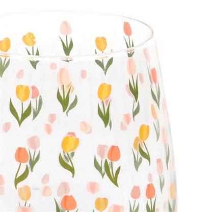 Tulip Stemless Glass | Floral Printed Drinking Glass | 450ml Spring Home Decor | Mother’s Day Gift
