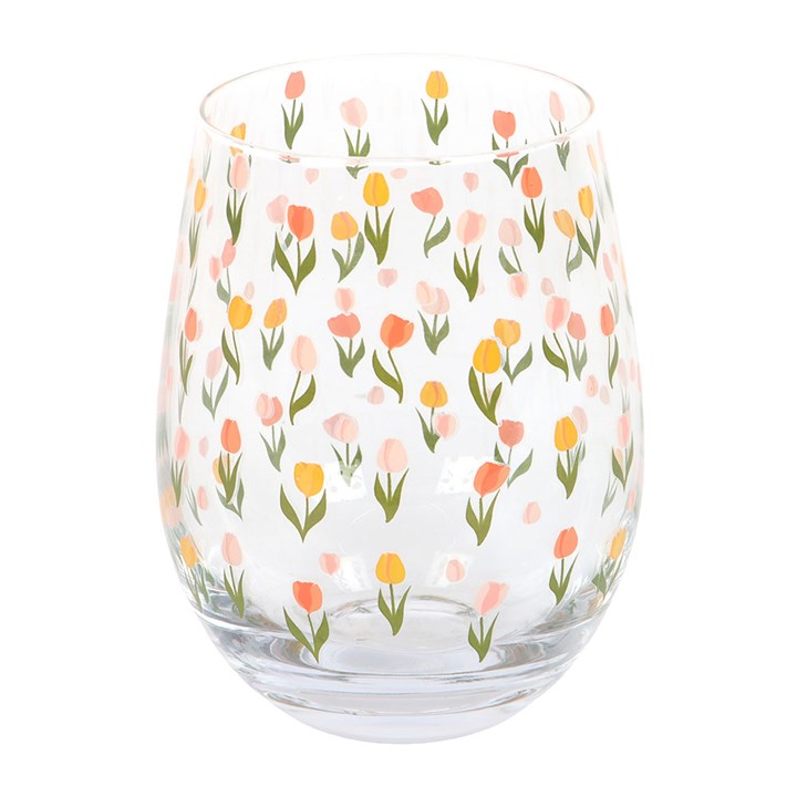 Tulip Stemless Glass | Floral Printed Drinking Glass | 450ml Spring Home Decor | Mother’s Day Gift