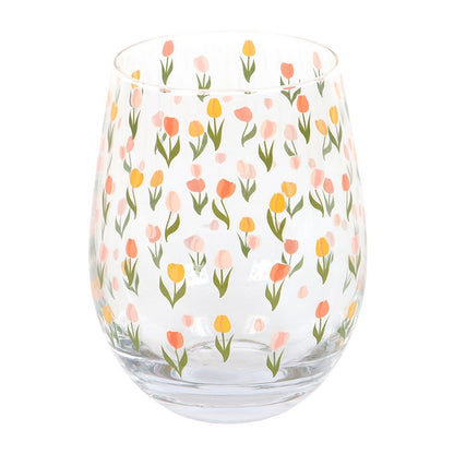 Tulip Stemless Glass | Floral Printed Drinking Glass | 450ml Spring Home Decor | Mother’s Day Gift