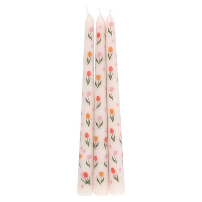 Tulip Print Taper Candles | Set of 3 Unscented Spring Candles | Floral Table Decor | Gift Idea