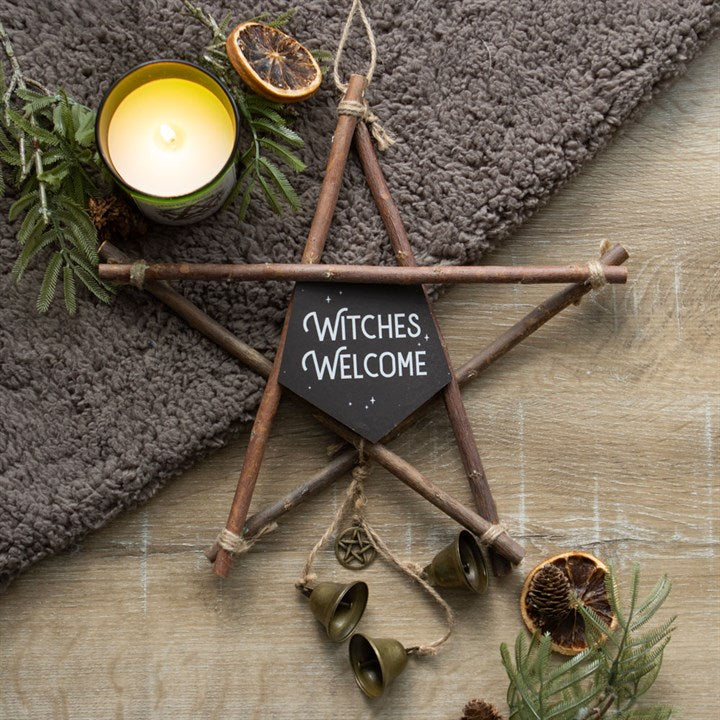 30cm Witches Welcome Willow Pentagram Sign with Bells