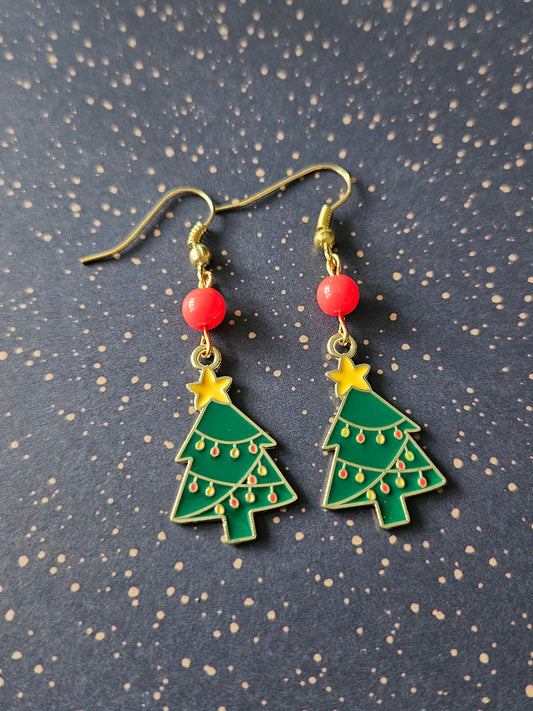 Christmas Tree Earrings | Gold Tone Enamel Festive Dangle Earrings | Holiday Jewellery