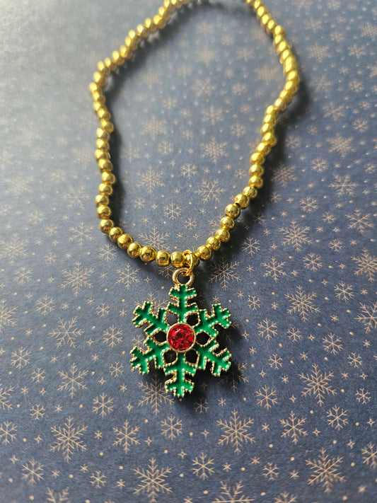 Beaded Snowflake Bracelet | Gold Tone Beads | Enamel Rhinestone Charm | Elasticated Winter Christmas Jewellery