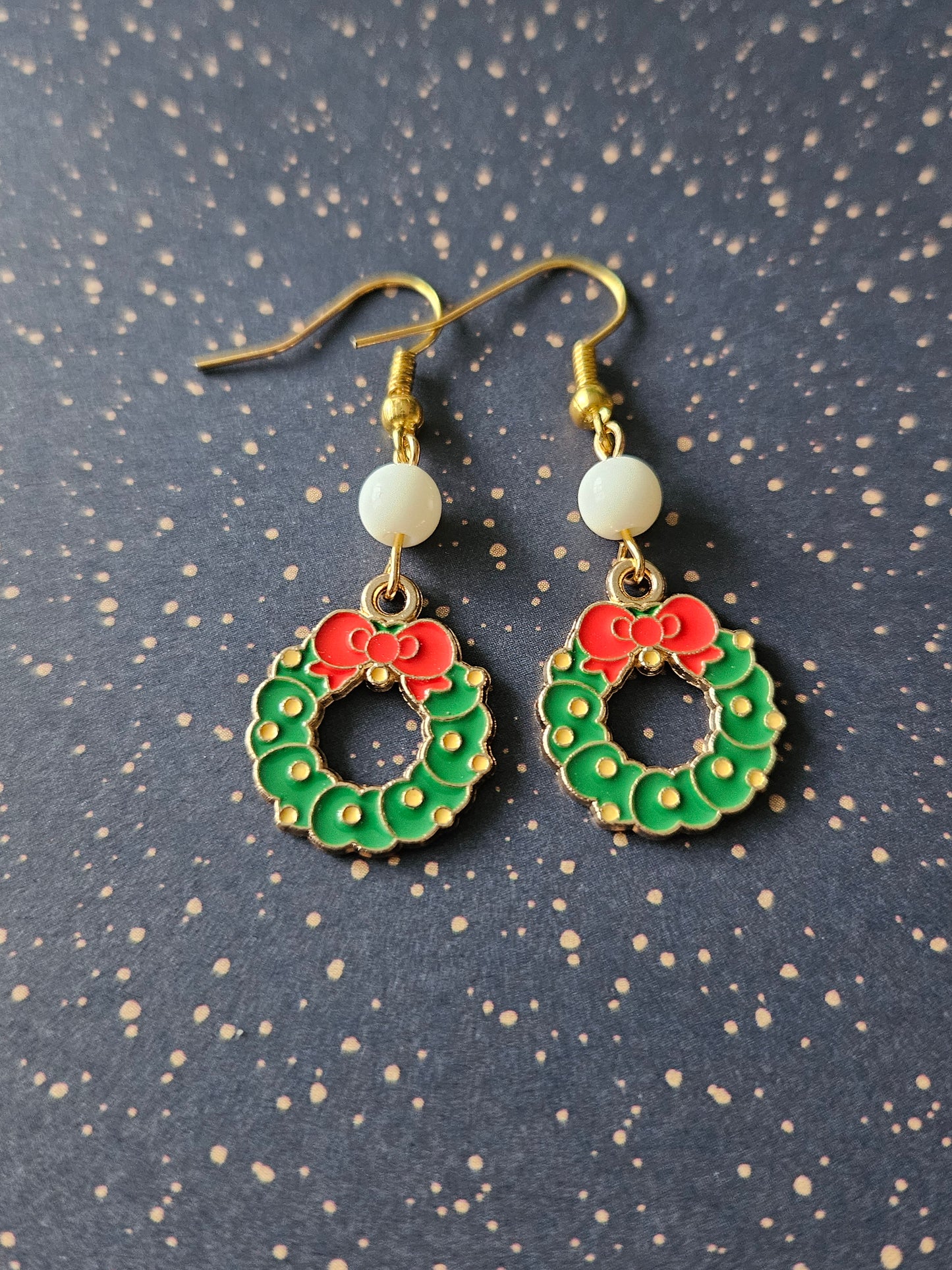Christmas Wreath Earrings | Gold Tone Enamel Festive Dangle Earrings | Holiday Jewellery