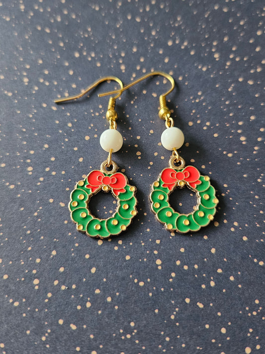 Christmas Wreath Earrings | Gold Tone Enamel Festive Dangle Earrings | Holiday Jewellery