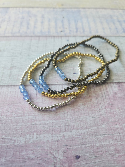 Beaded Acrylic Rondelle Bracelet | Colourful 4mm Bead Bracelet | Bronze Gold Gunmetal or Silver Plated | Various Colours