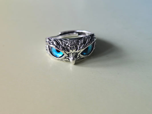 Owl Eyes Ring | Gothic Silver Plated Adjustable Ring | Dark Mystical Jewellery | Witchy Statement Ring