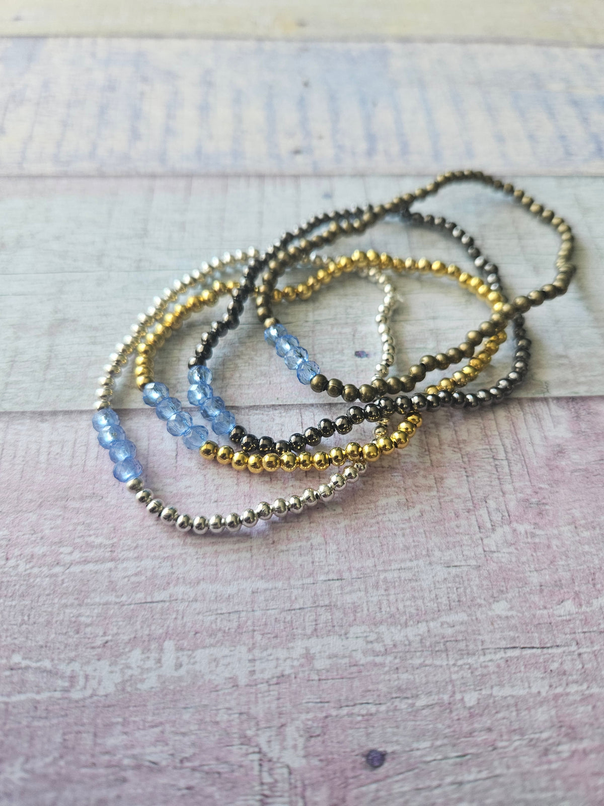 Beaded Acrylic Rondelle Bracelet | Colourful 4mm Bead Bracelet | Bronze Gold Gunmetal or Silver Plated | Various Colours