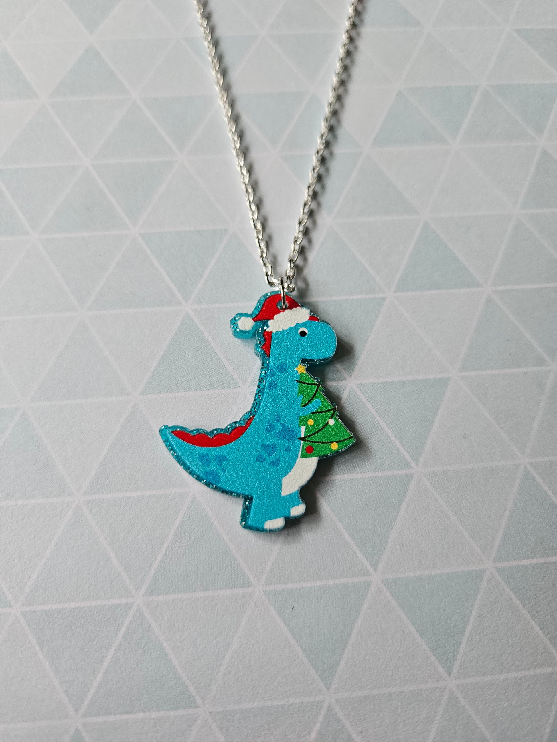 Christmas Dinosaur Necklace | Glitter Acrylic Pendant | Cute Festive Jewellery | Fun Dino Christmas Gift