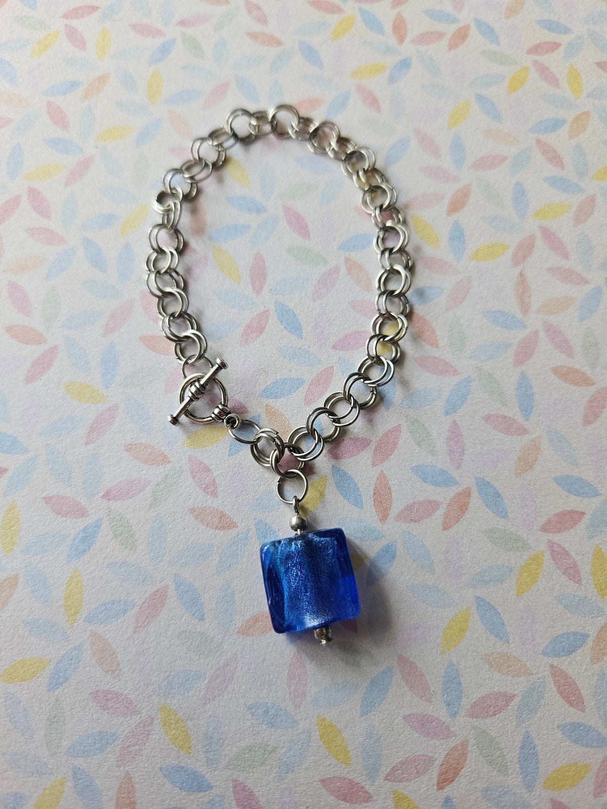 Chainmaille Bracelet | Square Glass Lampwork Bead Bracelet | Stainless Steel Chain Jewellery | Toggle Clasp Bracelet