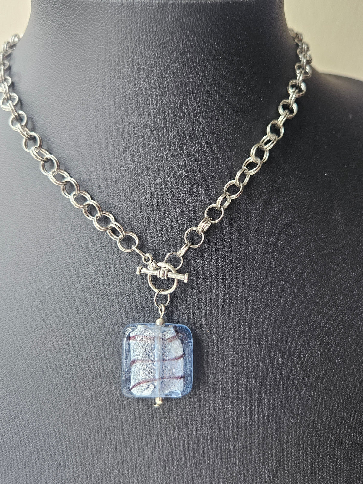 Chainmaille Necklace | Striped Square Glass Lampwork Bead Necklace | Stainless Steel Chain | Toggle Clasp Jewellery