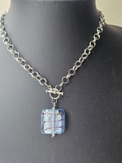 Chainmaille Necklace | Striped Square Glass Lampwork Bead Necklace | Stainless Steel Chain | Toggle Clasp Jewellery