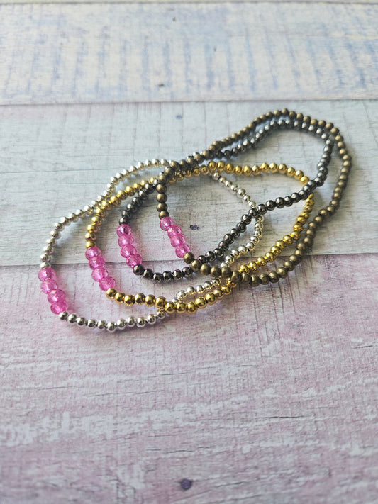 Beaded Acrylic Rondelle Bracelet | Colourful 4mm Bead Bracelet | Bronze Gold Gunmetal or Silver Plated | Various Colours