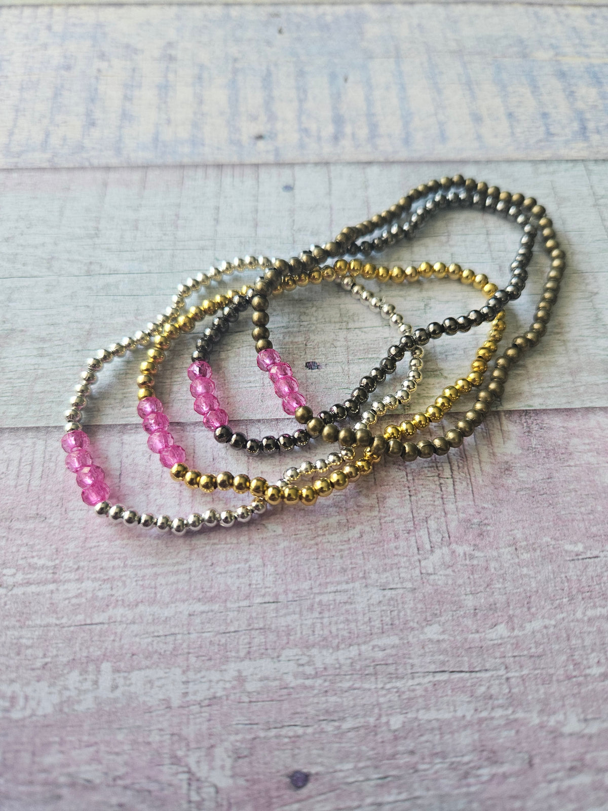 Beaded Acrylic Rondelle Bracelet | Colourful 4mm Bead Bracelet | Bronze Gold Gunmetal or Silver Plated | Various Colours