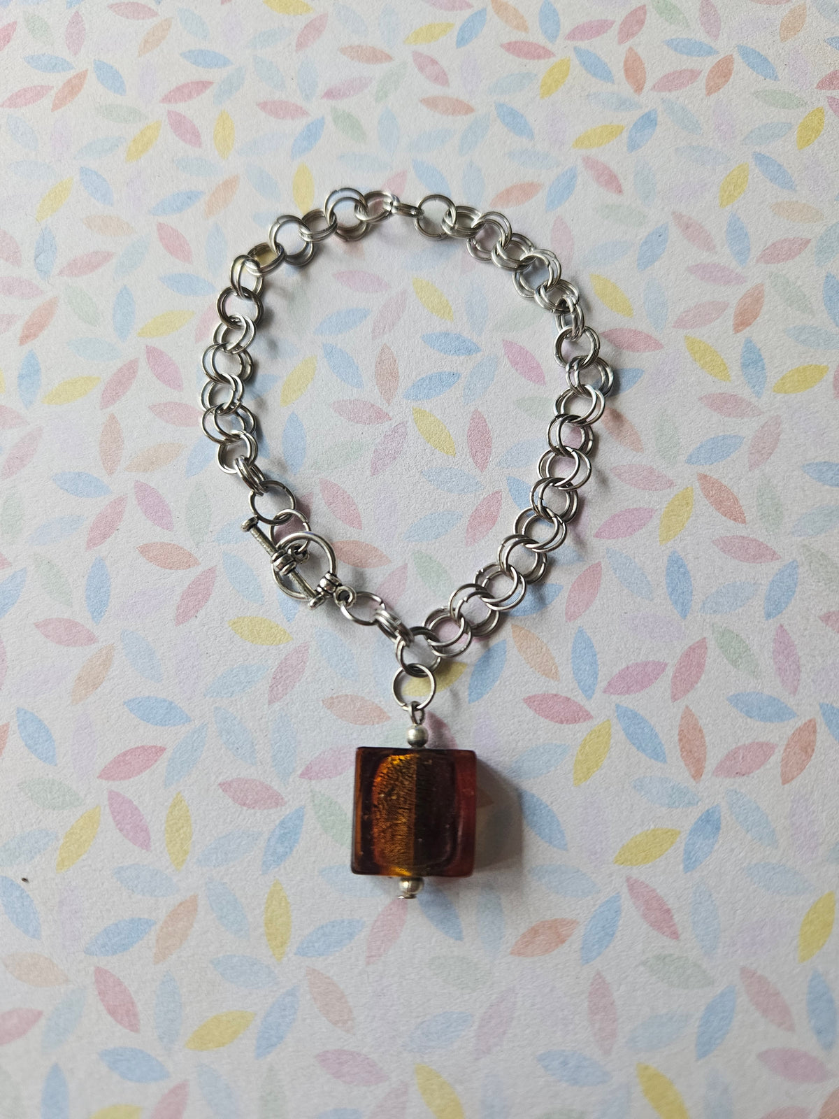 Chainmaille Bracelet | Square Glass Lampwork Bead Bracelet | Stainless Steel Chain Jewellery | Toggle Clasp Bracelet