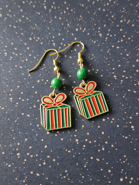 Christmas Present Earrings | Gold Tone Enamel Gift Box Dangle Earrings | Festive Holiday Jewellery