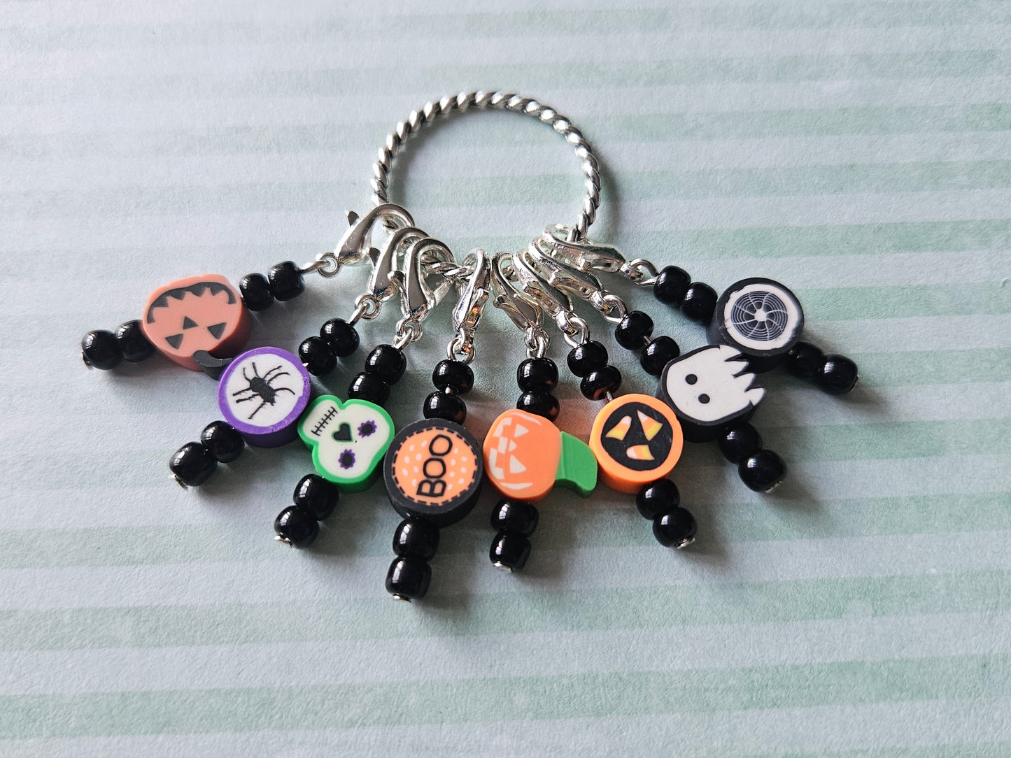 8 Halloween Stitch Markers | Beaded Knitting & Crochet Markers | Polymer Clay & Glass Beads 40mm