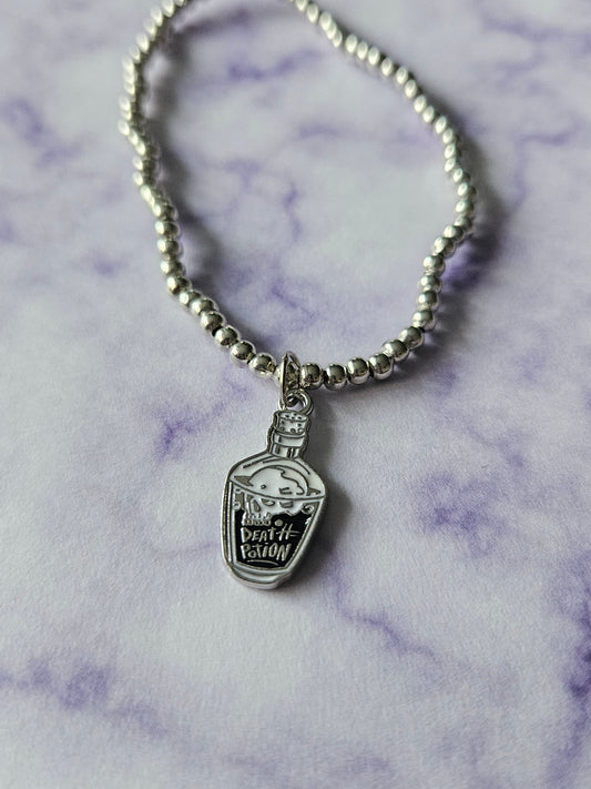Beaded Death Potion Bracelet | Silver Tone Beads | Enamel Potion Bottle Charm | Elasticated Gothic Jewellery