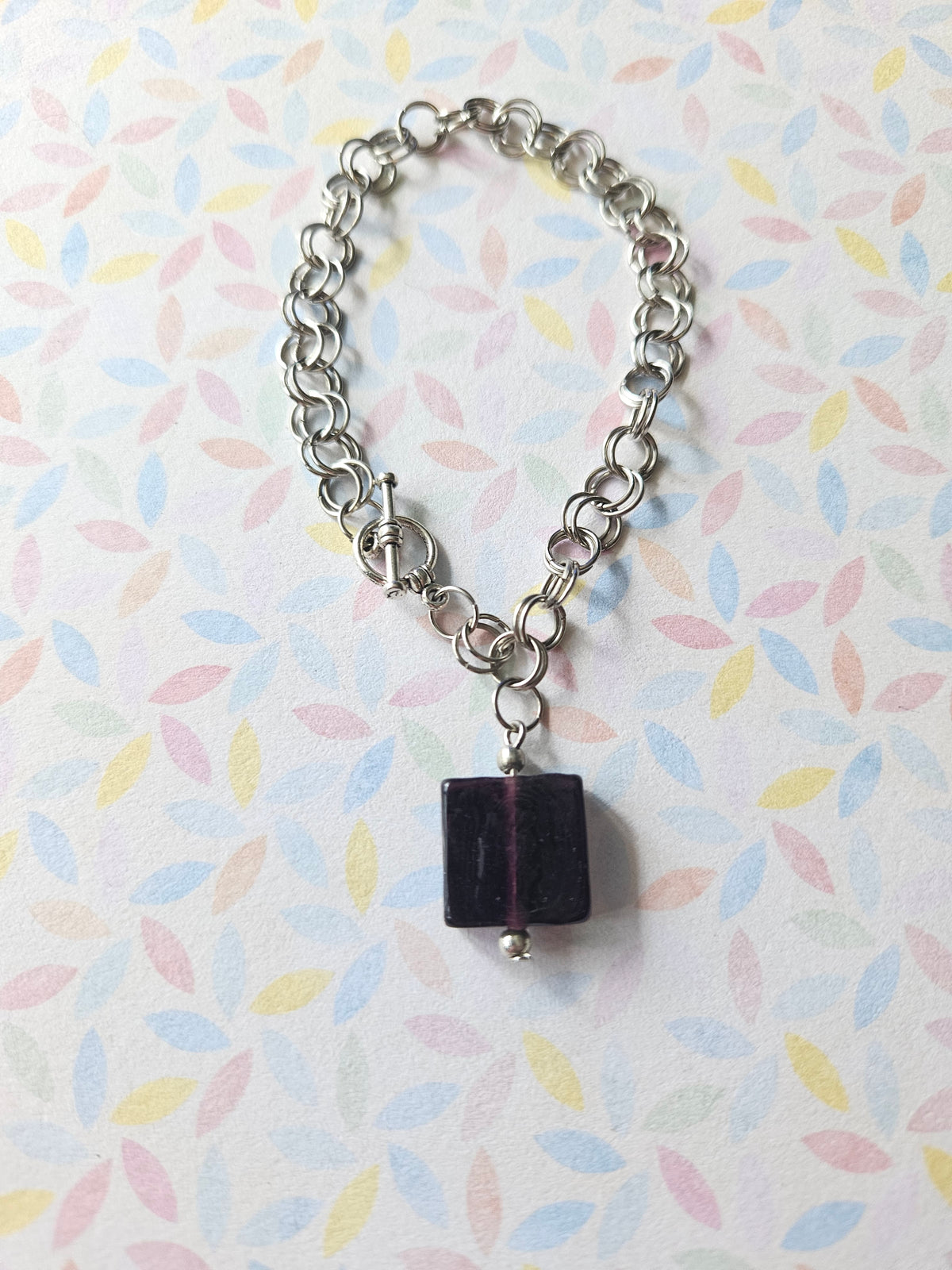 Chainmaille Bracelet | Square Glass Lampwork Bead Bracelet | Stainless Steel Chain Jewellery | Toggle Clasp Bracelet