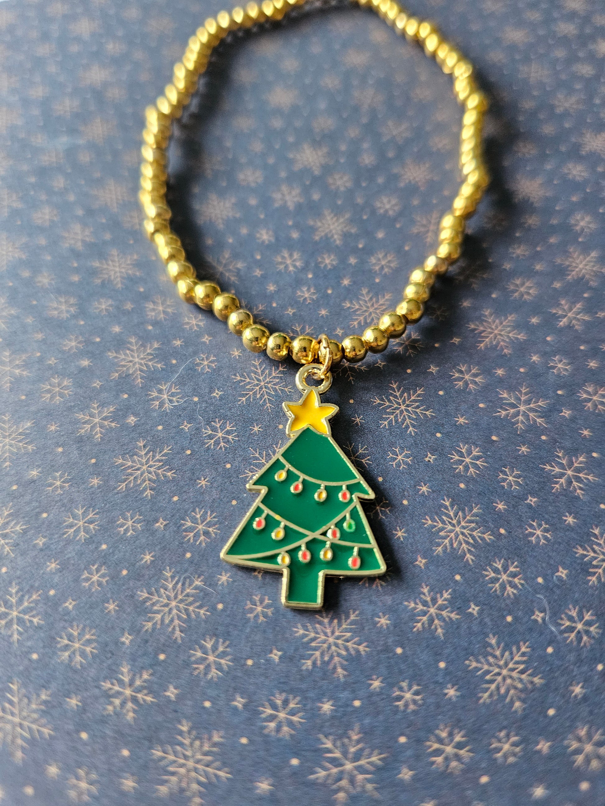 Beaded Christmas Tree Bracelet | Gold Tone Beads | Enamel Tree Charm | Elasticated Festive Holiday Jewellery Gift