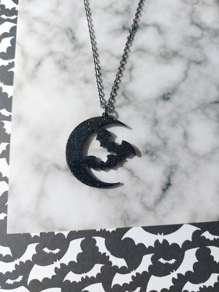 glitter bats moon necklace 