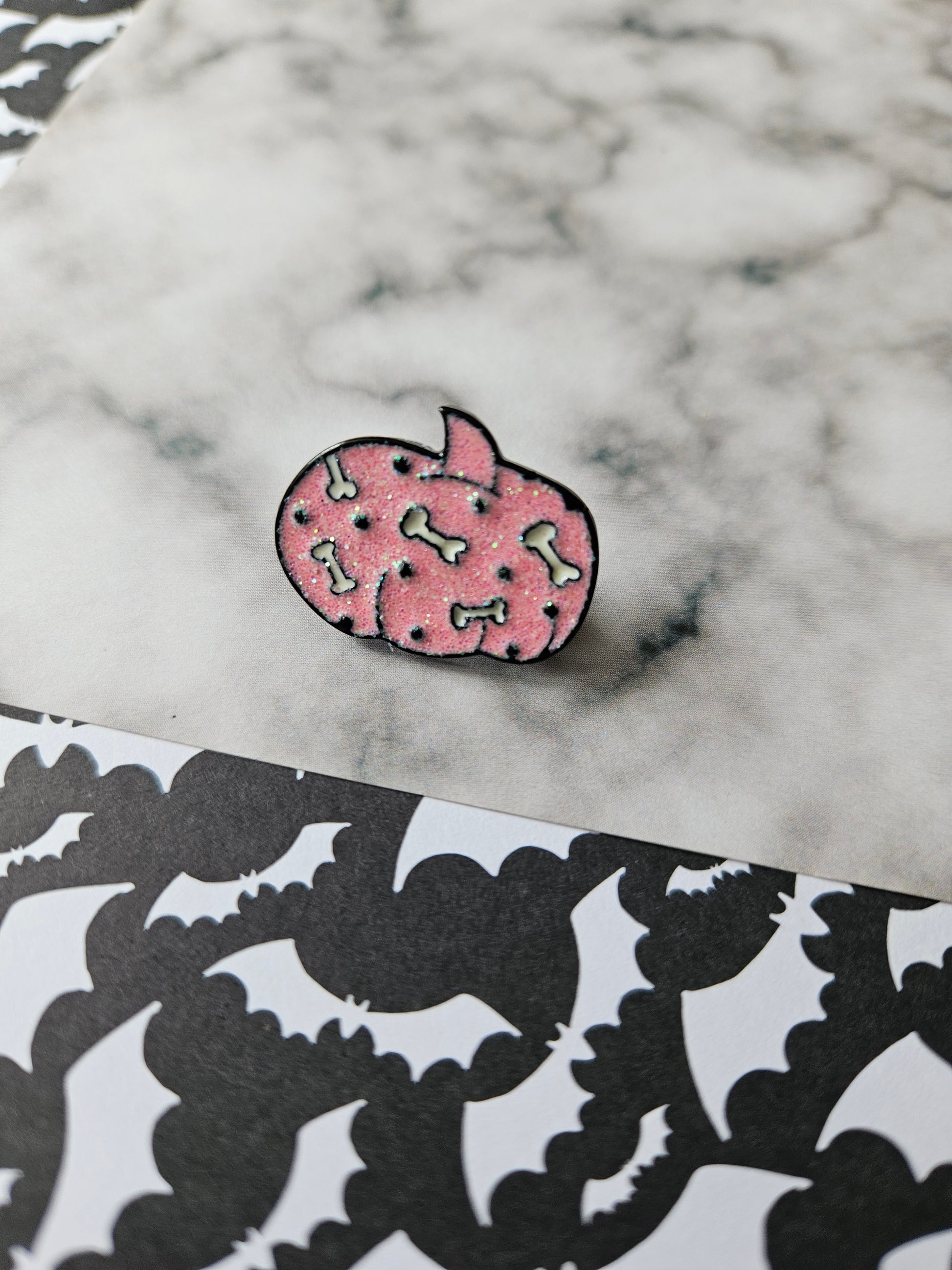 enamel pin badge - glitter pink bones pumpkin