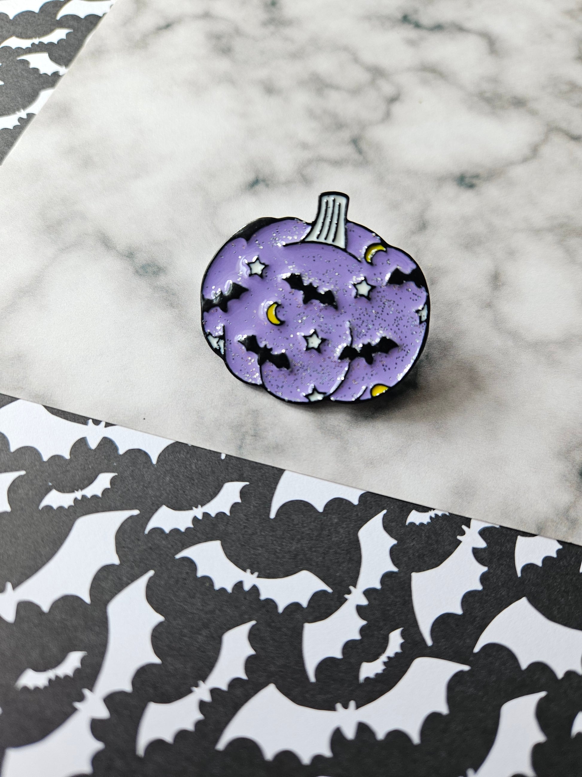 enamel pin badge - glitter purple bats pumpkin