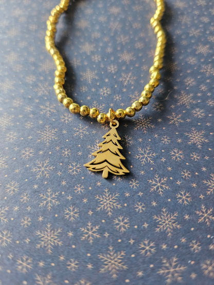 Beaded Christmas Tree Bracelet | Gold or Silver Tone | Stainless Steel Charm | Elasticated Festive Holiday Jewellery