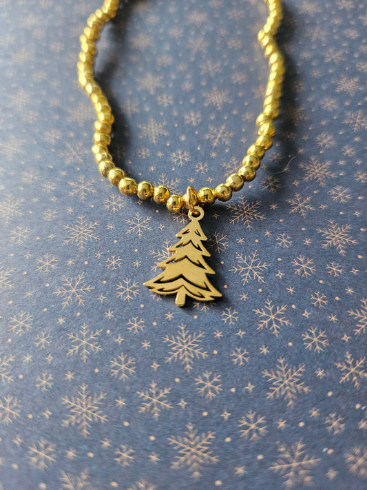 Beaded Christmas Tree Bracelet | Gold or Silver Tone | Stainless Steel Charm | Elasticated Festive Holiday Jewellery